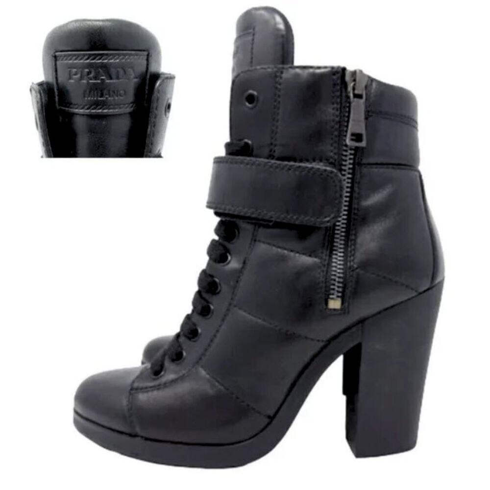 Prada Boots Moto Combat LOGO Ankle Lug Sole Platform Heels‎ Black Shoes 38.5